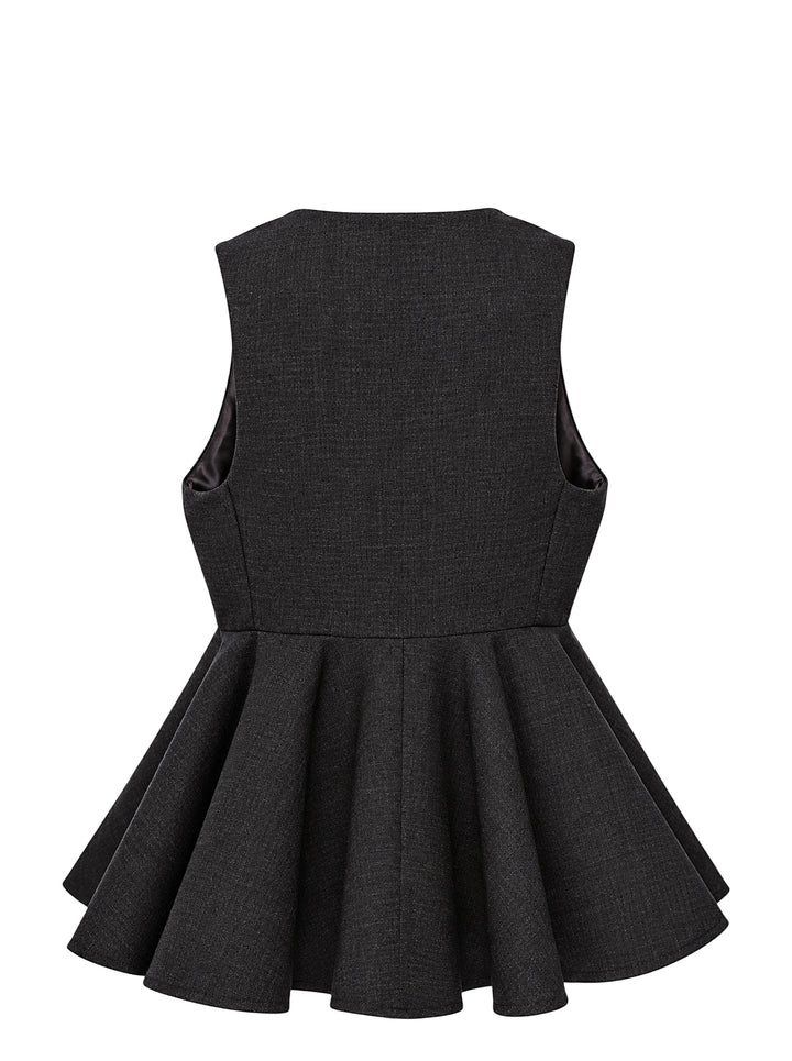 AMI sleeveless peplum top in charcoal grey with a scoop neckline and flared, pleated peplum hem - view 2