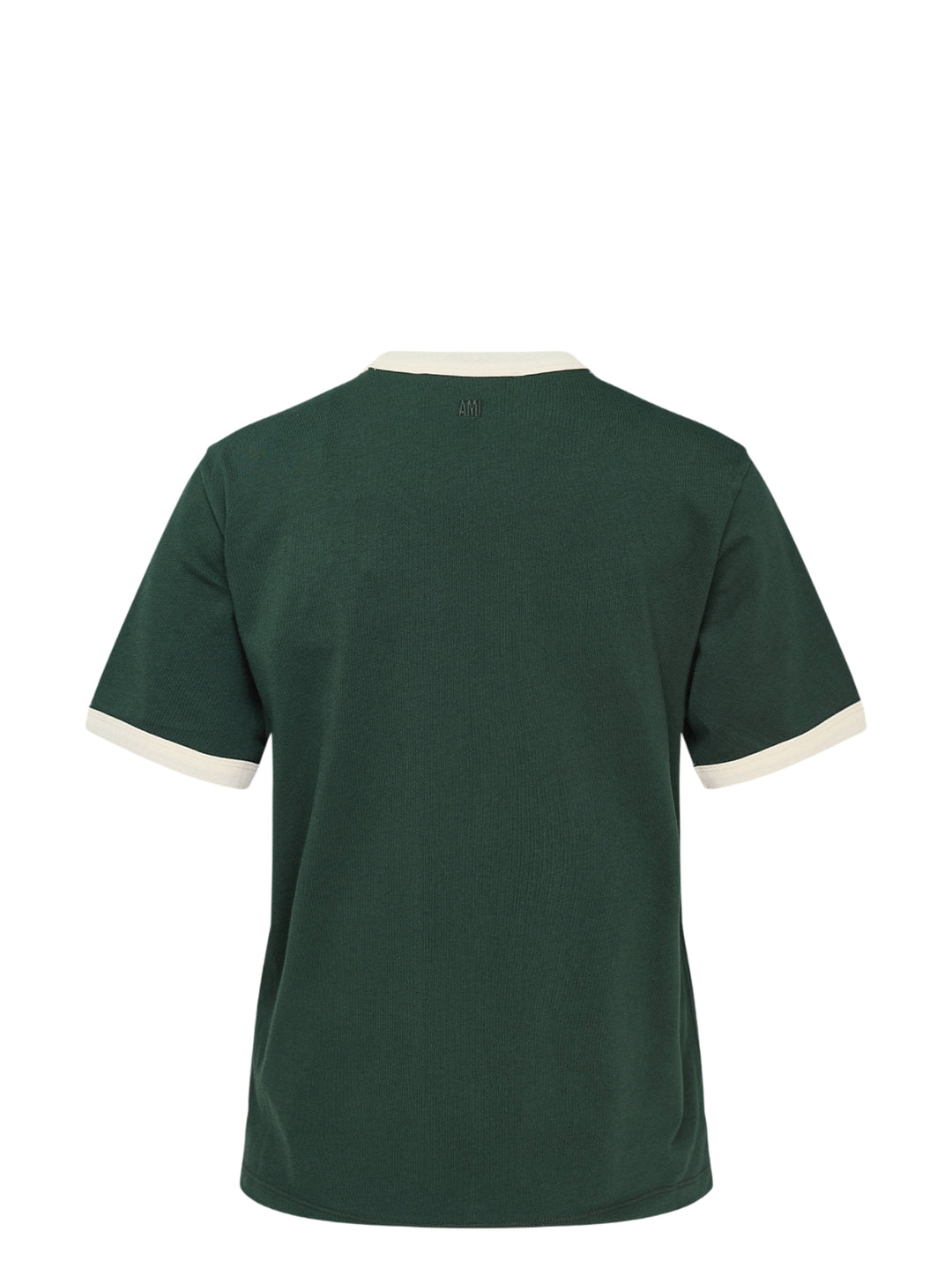 Ami Alexandre Mattiussi forest green bicolor ringer tee with cream contrast collar and cuff trim, featuring the embroidered Ami de Cœur logo at the chest - view 2