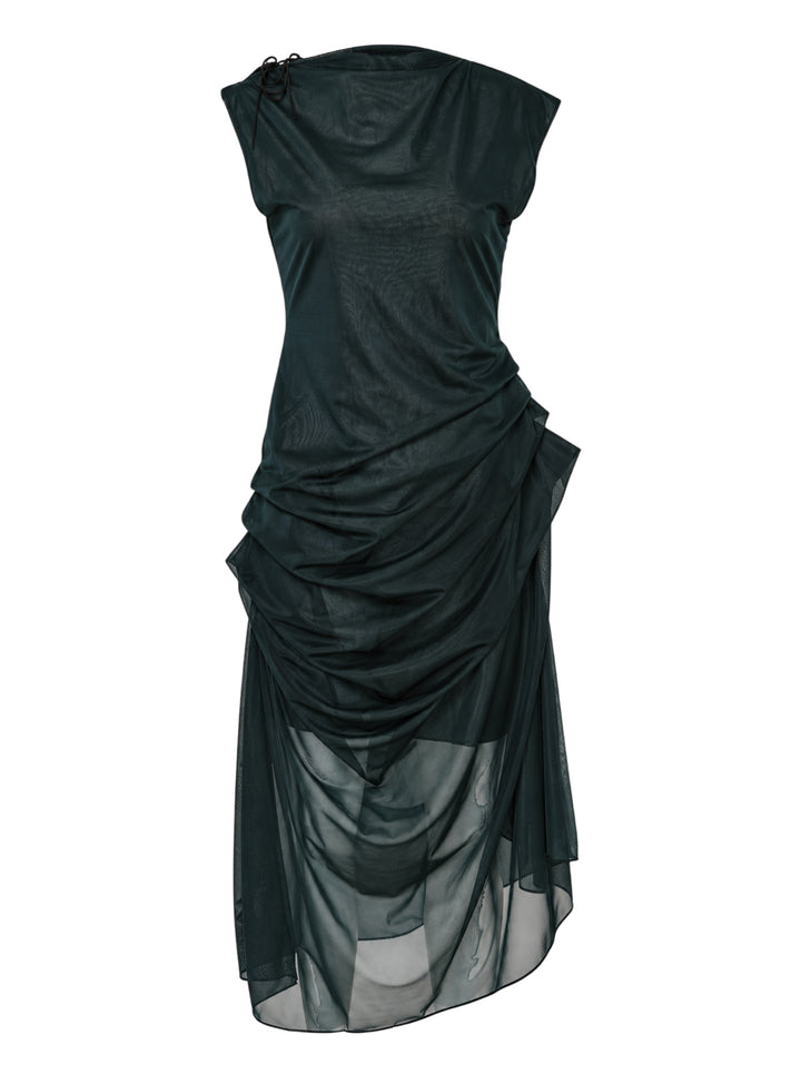 Pauline Dujancourt Najia sleeveless dress in dark green tricot jersey with sheer ruched mesh overlay and asymmetric hem