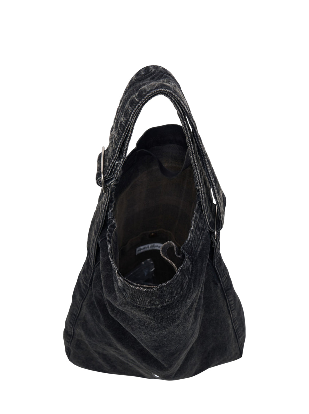 Our Legacy washed black denim sling crossbody bag with adjustable strap and drawstring top closure, rear view - view 3