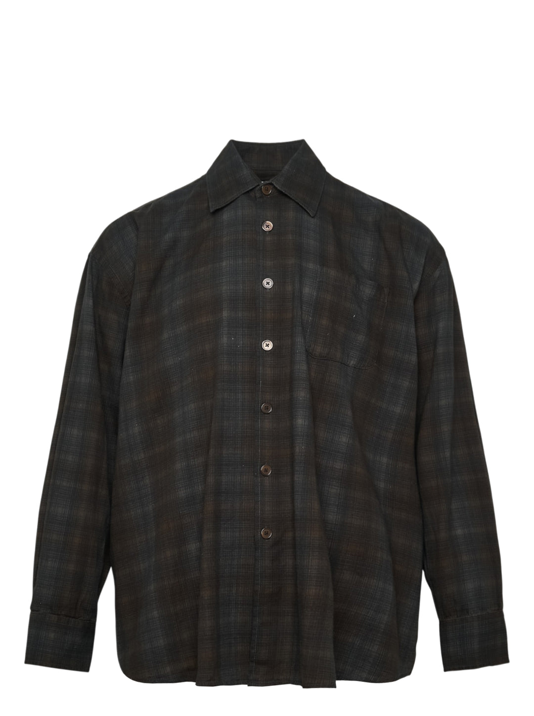 Our Legacy Borrowed Long Sleeve Shirt in dark shadow plaid check with button-front placket, point collar, and chest patch pocket