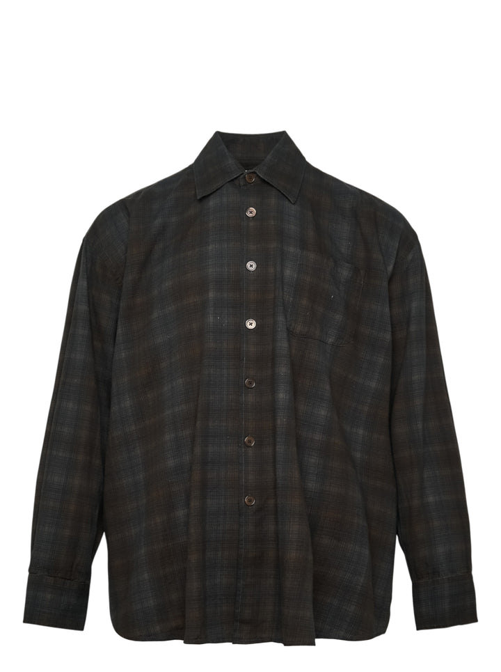 Our Legacy Borrowed Long Sleeve Shirt in dark shadow plaid check with button-front placket, point collar, and chest patch pocket