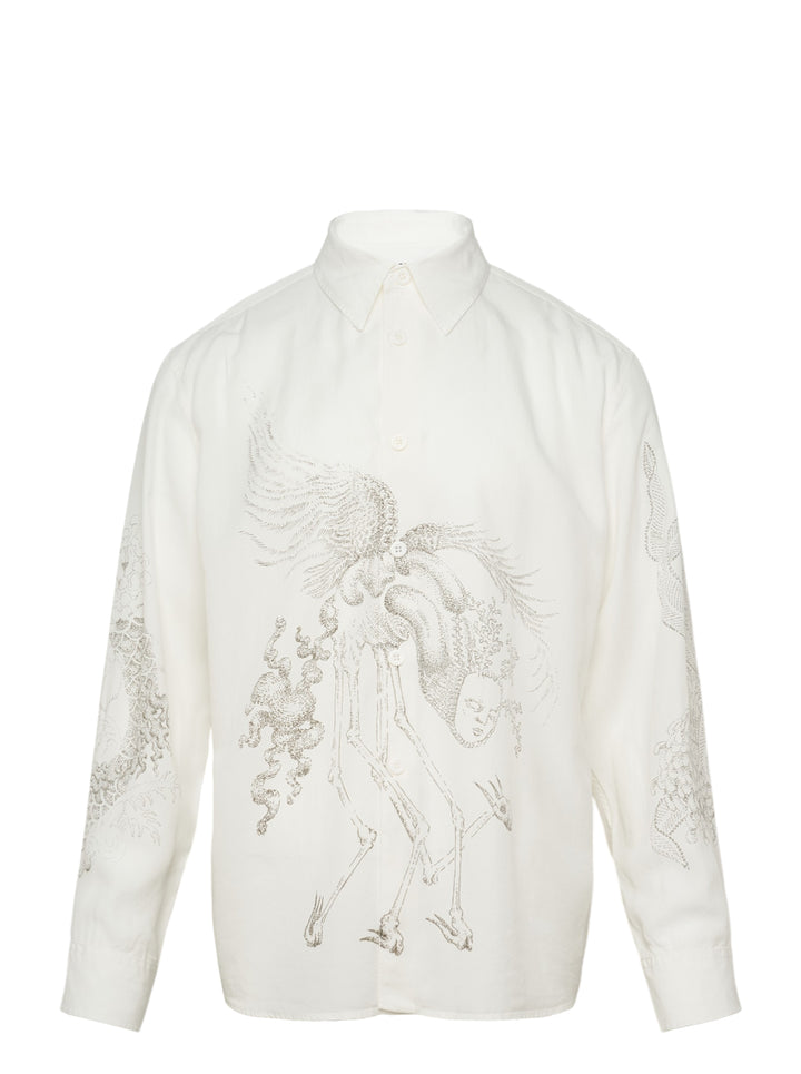 Our Legacy Beyond Long Sleeve Shirt in off-white with large-scale tonal surrealist embroidered illustration of a skeletal winged horse figure, front view