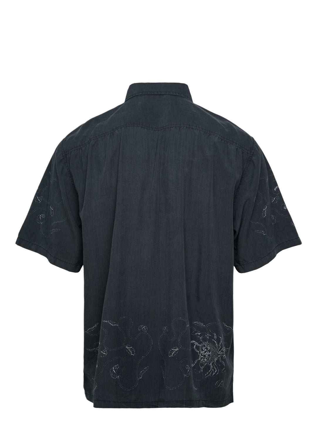 Our Legacy Every Short Sleeve Shirt in washed black with tonal floral embroidery on both sleeves and lower hem, featuring a boxy fit and pearlescent button fastening - view 2