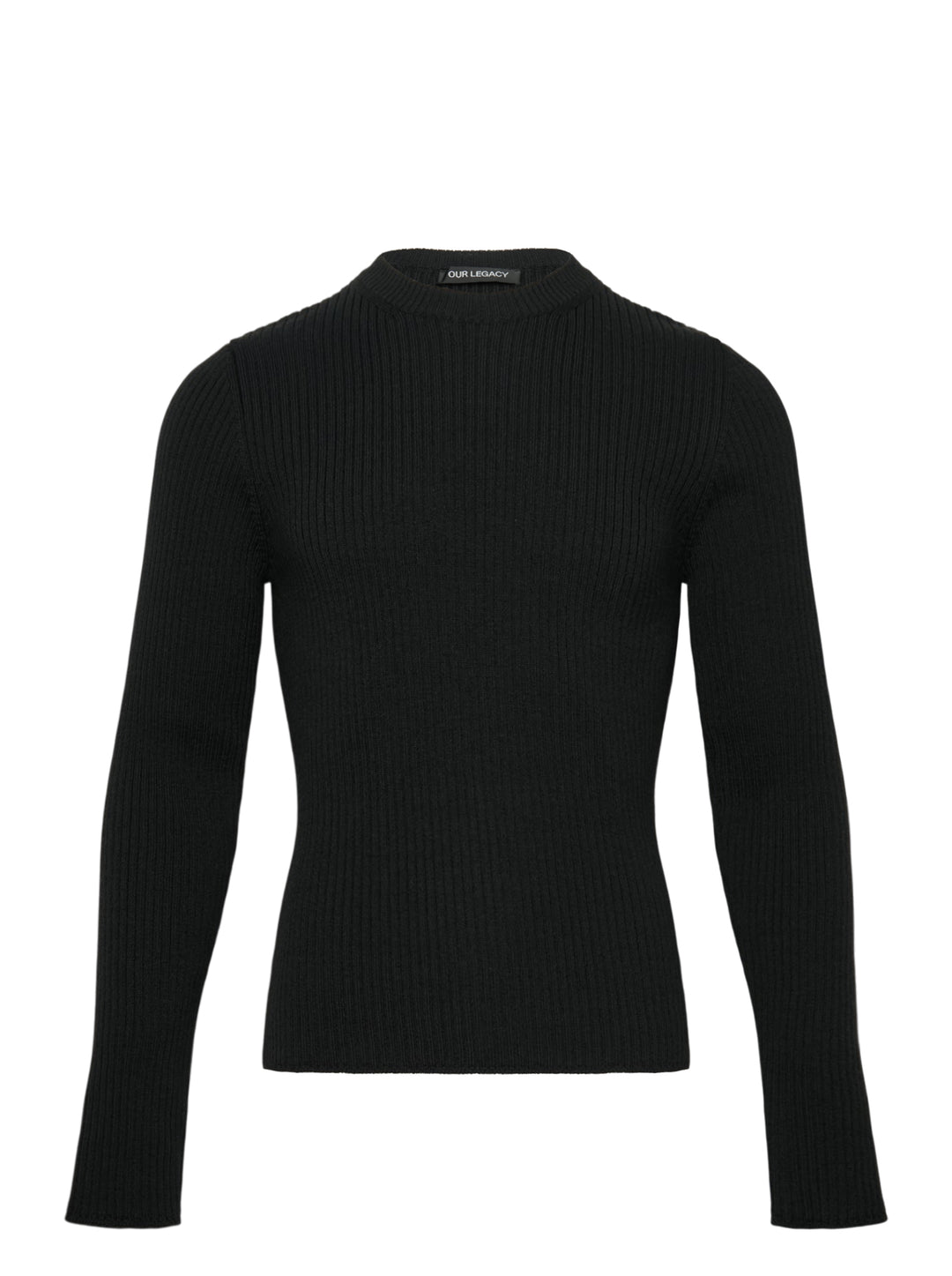 Our Legacy Compact Round Neck ribbed knit sweater in black with mock neck collar and long sleeves, front view on white background