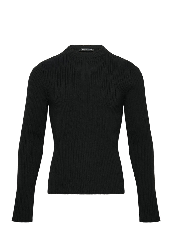 Our Legacy Compact Round Neck ribbed knit sweater in black with mock neck collar and long sleeves, front view on white background