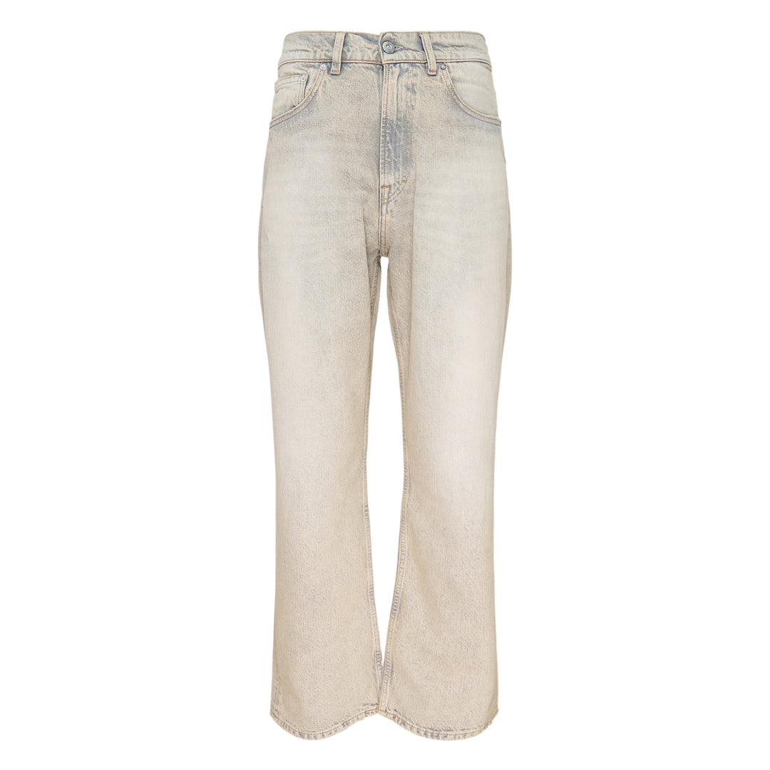 Our Legacy Third Cut Jeans in a heavily faded sandy beige wash with blue tonal shifts, featuring a high-rise waist, straight leg and cropped flare hem, shown flat on a white background