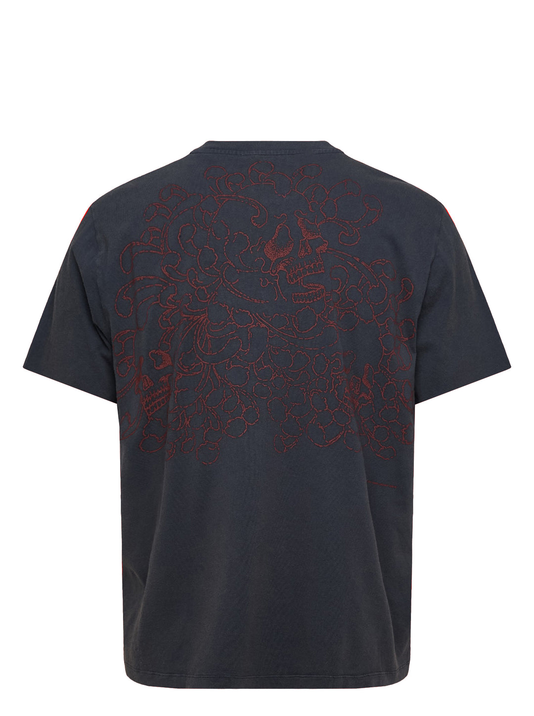 Our Legacy Box Short Sleeve Tee in washed navy with contrast red shoulder tape and woven brand label at the back neck, displayed front-facing on a white background - view 2