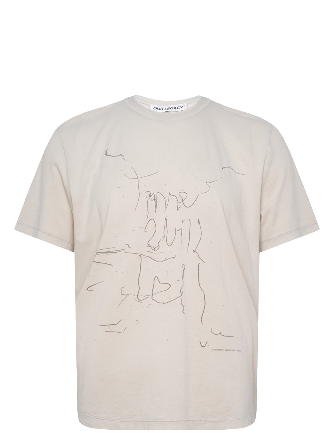 Our Legacy Box Short Sleeve Tee in stone with abstract hand-drawn scrawl graphic printed across the chest, boxy relaxed fit, crew neckline