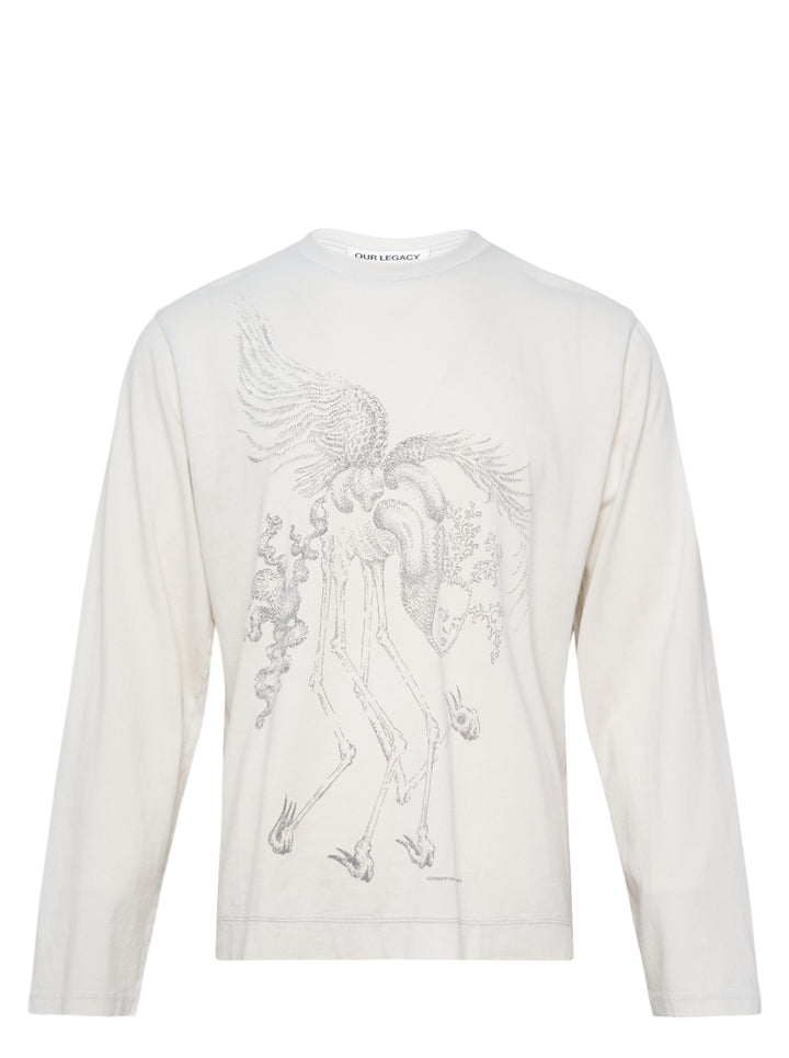 Our Legacy Box Long Sleeve Tee in ivory with a large stipple-illustrated skeletal winged horse graphic across the chest, relaxed box fit with crew neck