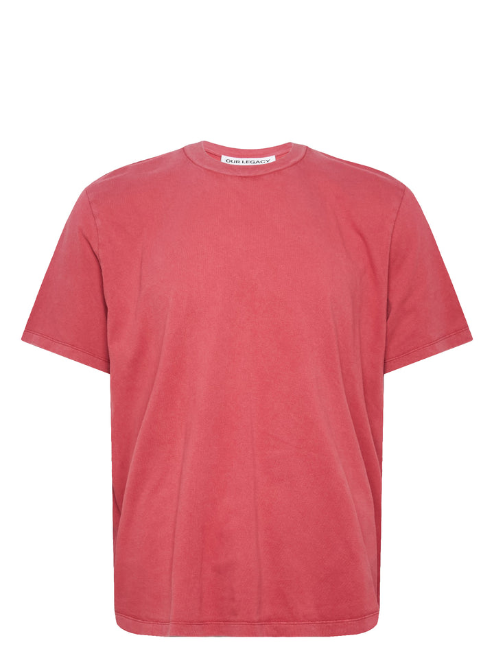 Our Legacy Box T-Shirt in pigment-dyed washed red, featuring a relaxed boxy fit, dropped shoulders, and a crew neckline with a woven brand label