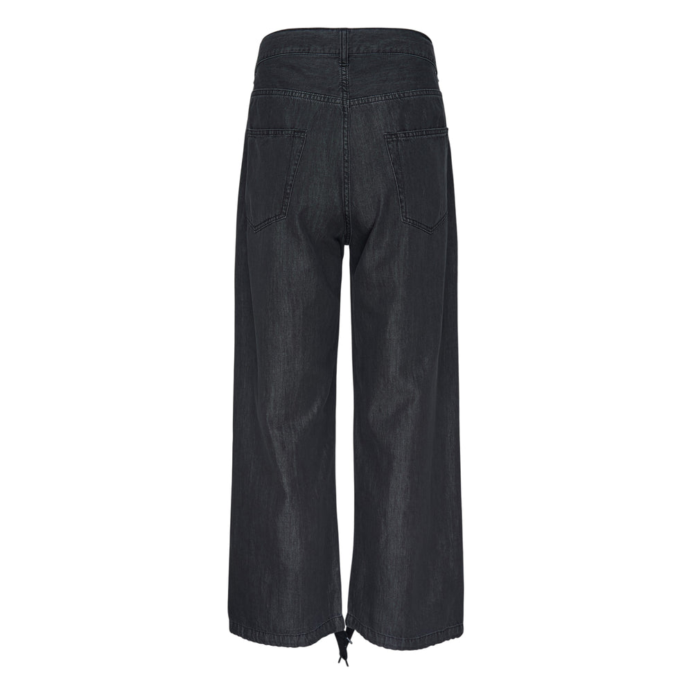 Mihara Yasuhiro Cotton Tencel Denim Baggy Pants in dark wash, displayed flat — high-rise waist, wide-leg silhouette, silver-tone button, and signature woven brand label on the front hip - view 2
