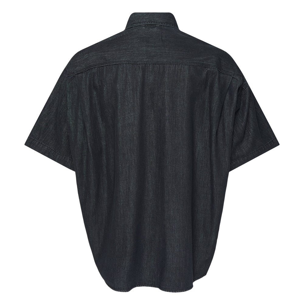 Mihara Yasuhiro Cotton Tencel washed black denim short sleeve work shirt with dual chest patch pockets, tonal button placket, and signature branded labels on the front - view 2