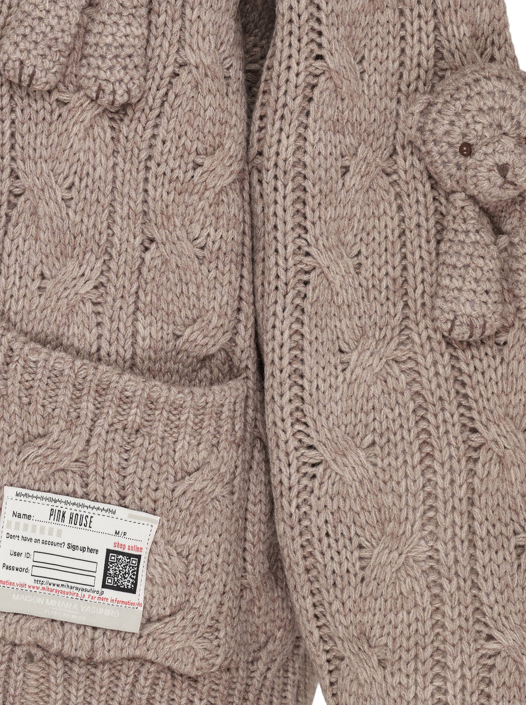 Mihara Yasuhiro Pink House Bears Knit Cardigan in a chunky cable knit with knitted teddy bear appliqués, button front and patch pockets - view 4