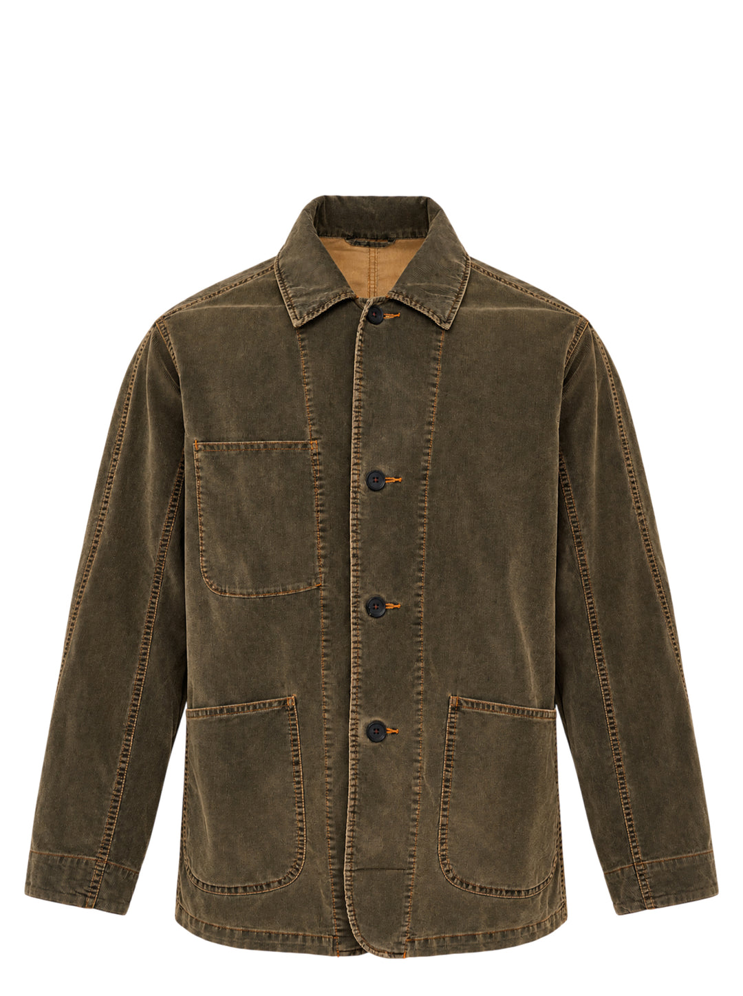 Yoke corduroy coverall jacket in washed olive-brown with four buttons, patch pockets and contrast orange stitching
