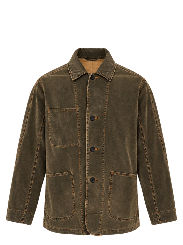 Yoke corduroy coverall jacket in washed olive-brown with four buttons, patch pockets and contrast orange stitching