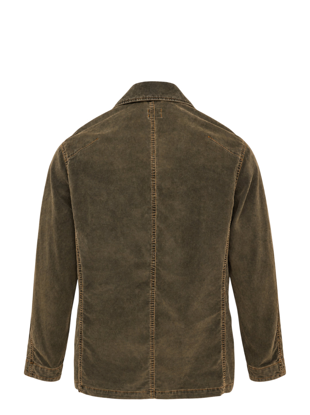 Yoke corduroy coverall jacket in washed olive-brown with four buttons, patch pockets and contrast orange stitching - view 2