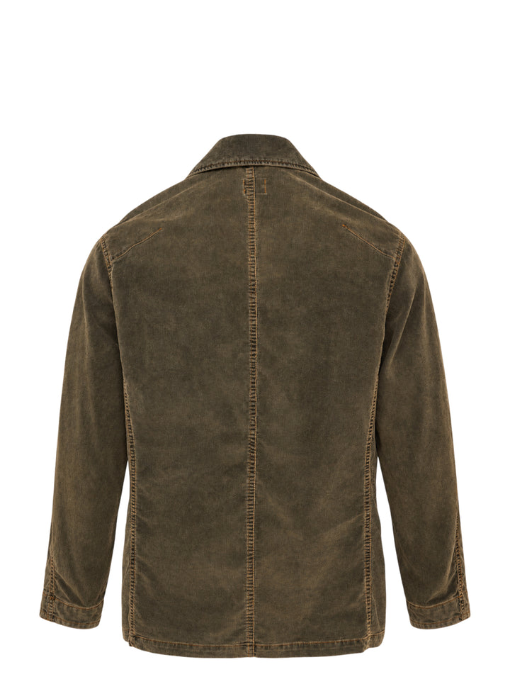 Yoke corduroy coverall jacket in washed olive-brown with four buttons, patch pockets and contrast orange stitching - view 2