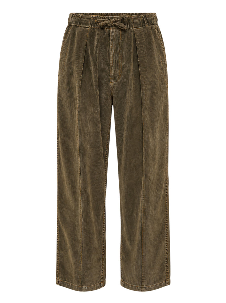 YOKE corduroy pleated easy trousers in washed olive-brown with drawstring elasticated waist and wide straight leg