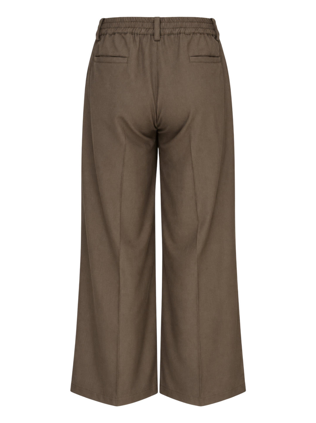 Brown wide-leg pleated trousers with an elasticated waistband, button closure and cropped hem, shown from the front - view 2