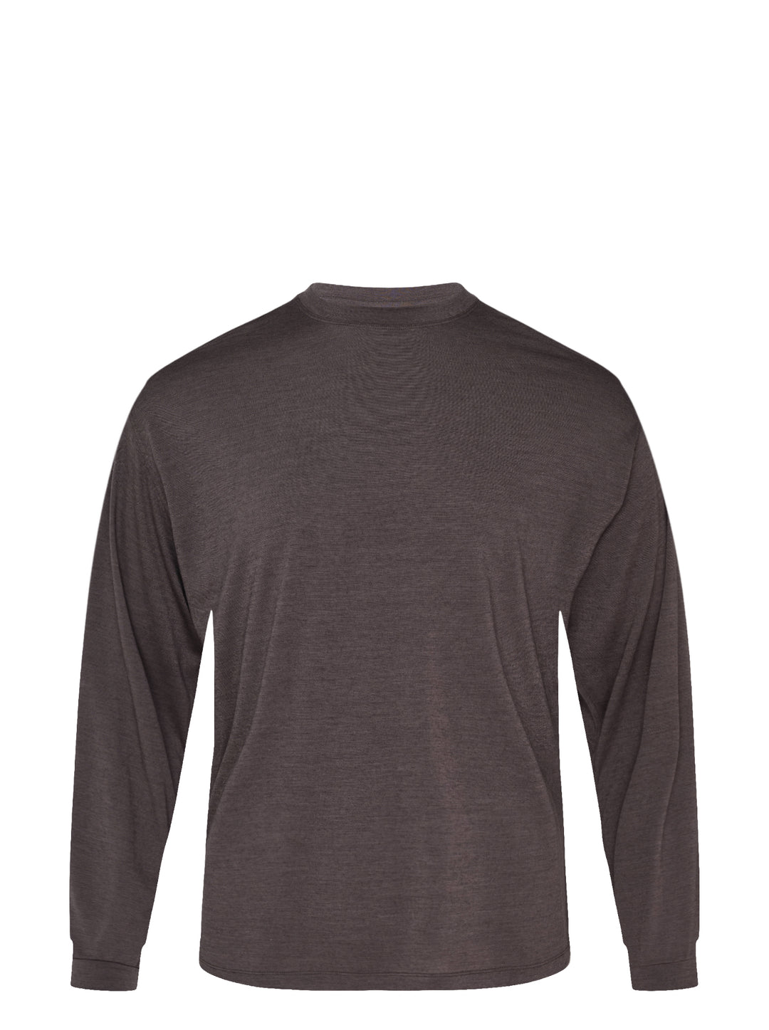 YOKE Cashmere Silk Jersey Long Sleeve Tee in heathered charcoal-brown, front view