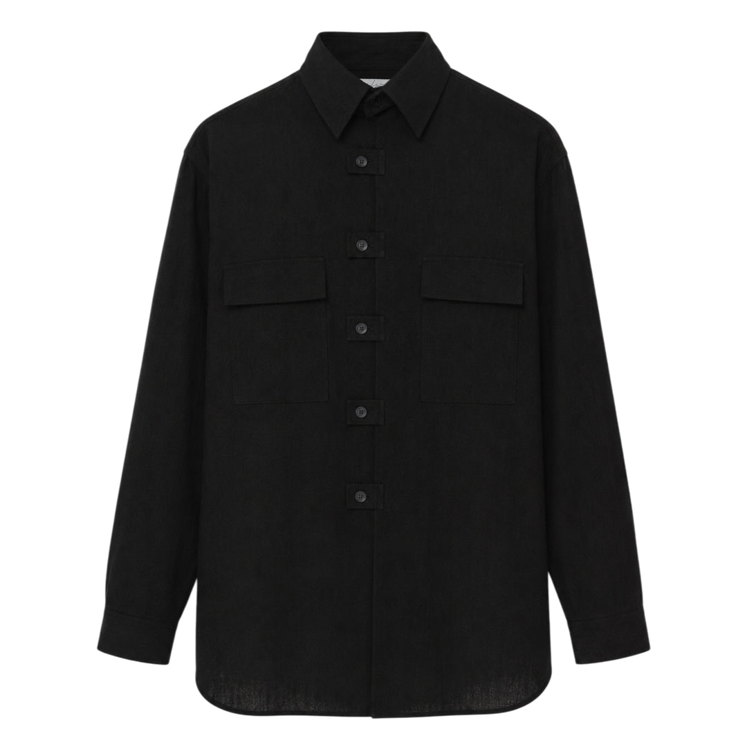 Yohji Yamamoto Spare Collar Long Sleeve Shirt in black, oversized fit with dual buttoned chest pockets and tonal button-through placket, front view on white background