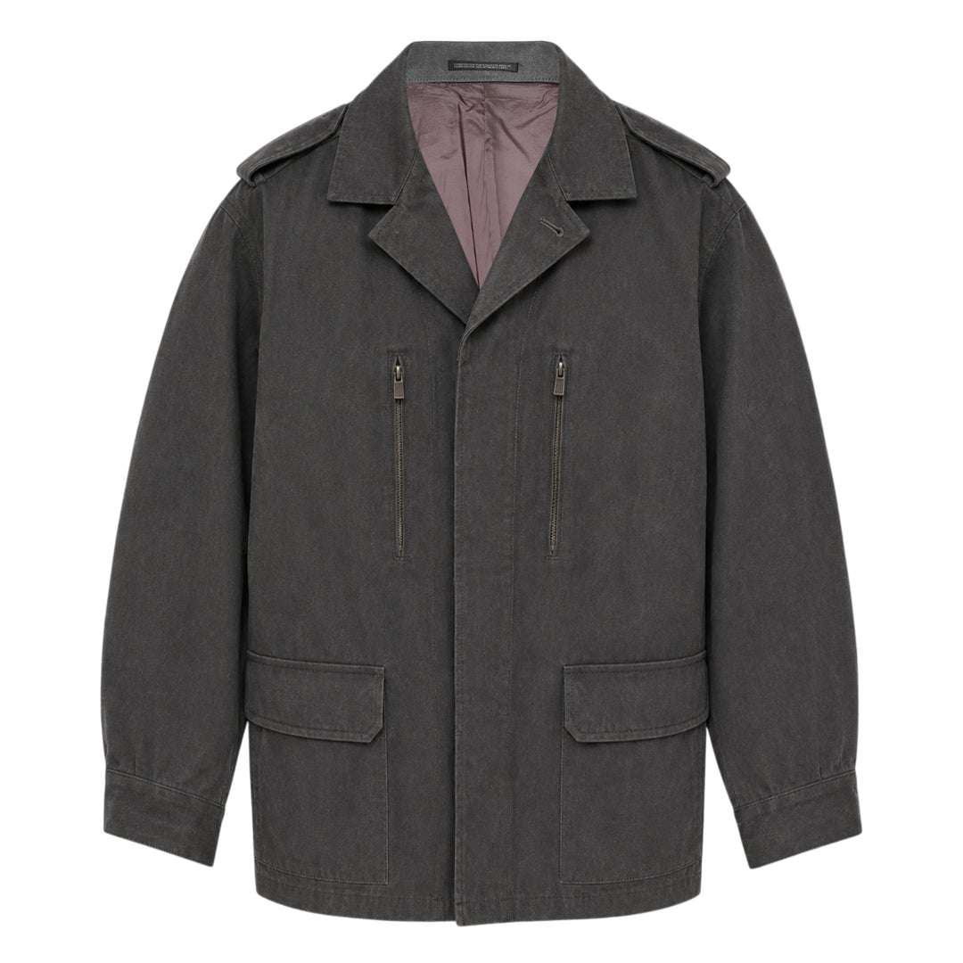 Yohji Yamamoto Military Field Coat in washed charcoal cotton canvas, displayed flat, showing open lapels with mauve lining, zip chest pockets, epaulette shoulders, and large flap cargo pockets