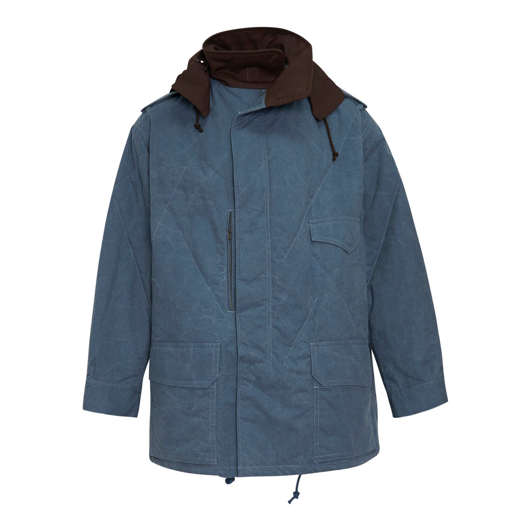 Yohji Yamamoto Hooded Stitch Blouson Coat in slate blue waxed canvas with contrast dark brown detachable hood, centre front zip closure, chest zip pocket, flap patch pockets, and drawstring hem