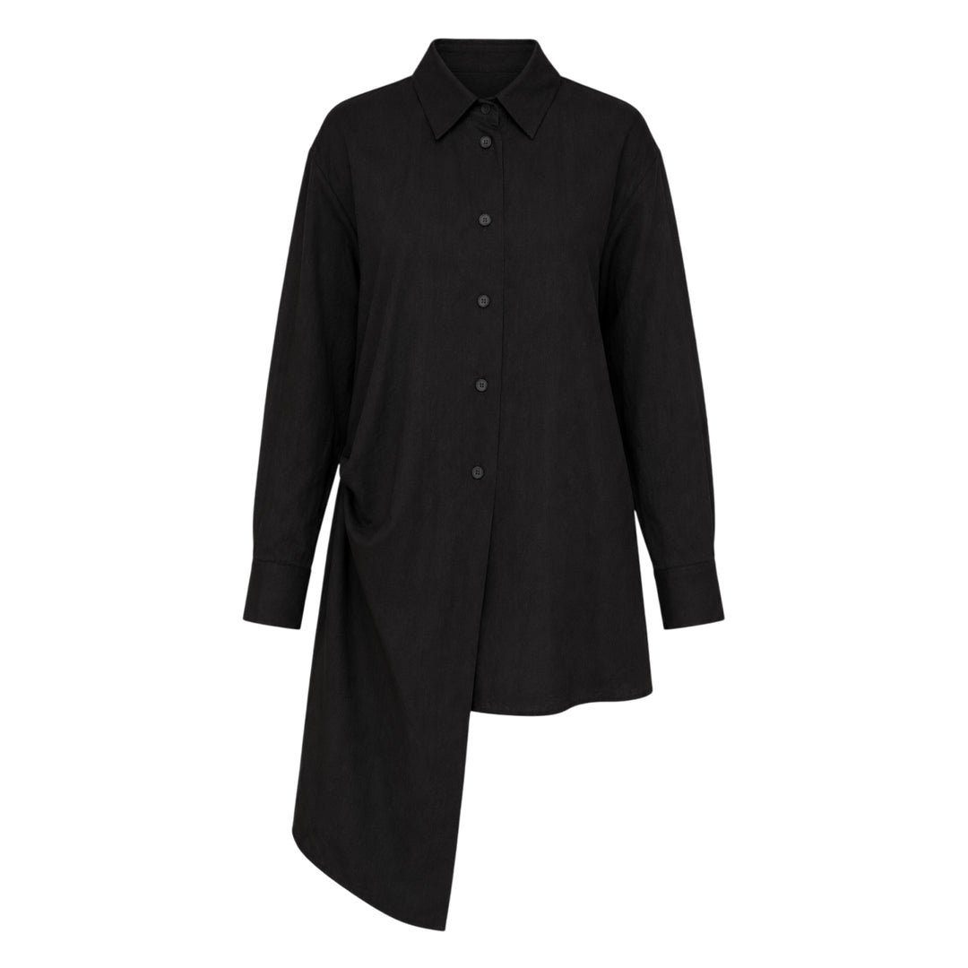 Yohji Yamamoto Tuck & Drape Blouse in black, featuring an asymmetric draped hem, button-through front, point collar, and long sleeves with buttoned cuffs