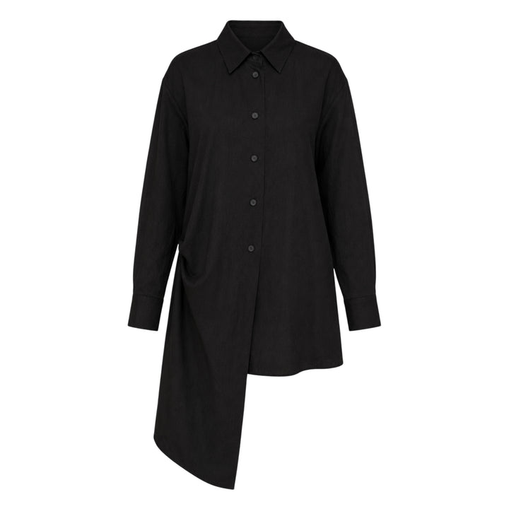 Yohji Yamamoto Tuck & Drape Blouse in black, featuring an asymmetric draped hem, button-through front, point collar, and long sleeves with buttoned cuffs