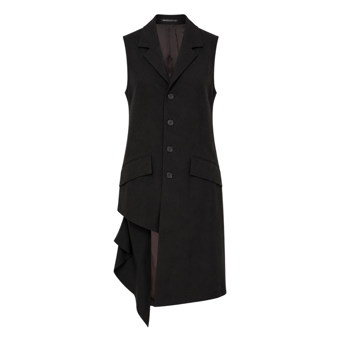 Yohji Yamamoto sleeveless long jacket in black with notched lapels, four-button front closure, flap hip pockets, and an asymmetric draped hem with dark lining, displayed on a white background