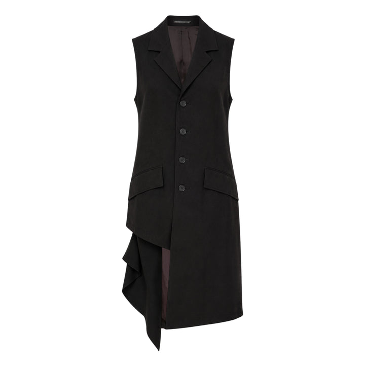 Yohji Yamamoto sleeveless long jacket in black with notched lapels, four-button front closure, flap hip pockets, and an asymmetric draped hem with dark lining, displayed on a white background