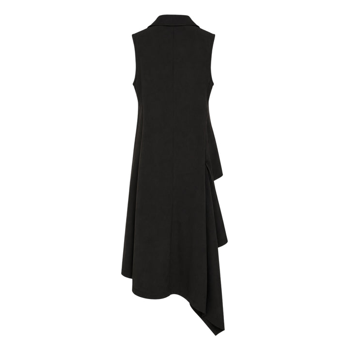 Yohji Yamamoto sleeveless long jacket in black with notched lapels, four-button front closure, flap hip pockets, and an asymmetric draped hem with dark lining, displayed on a white background - view 2
