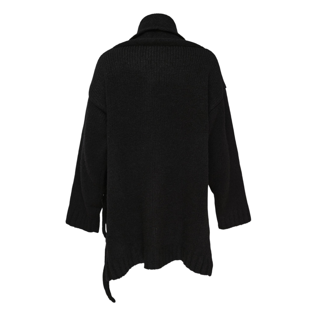 Yohji Yamamoto String Detail Cardigan in black — oversized open-front knit with tie-string hem detail and ribbed cuffs, displayed on a mannequin - view 2