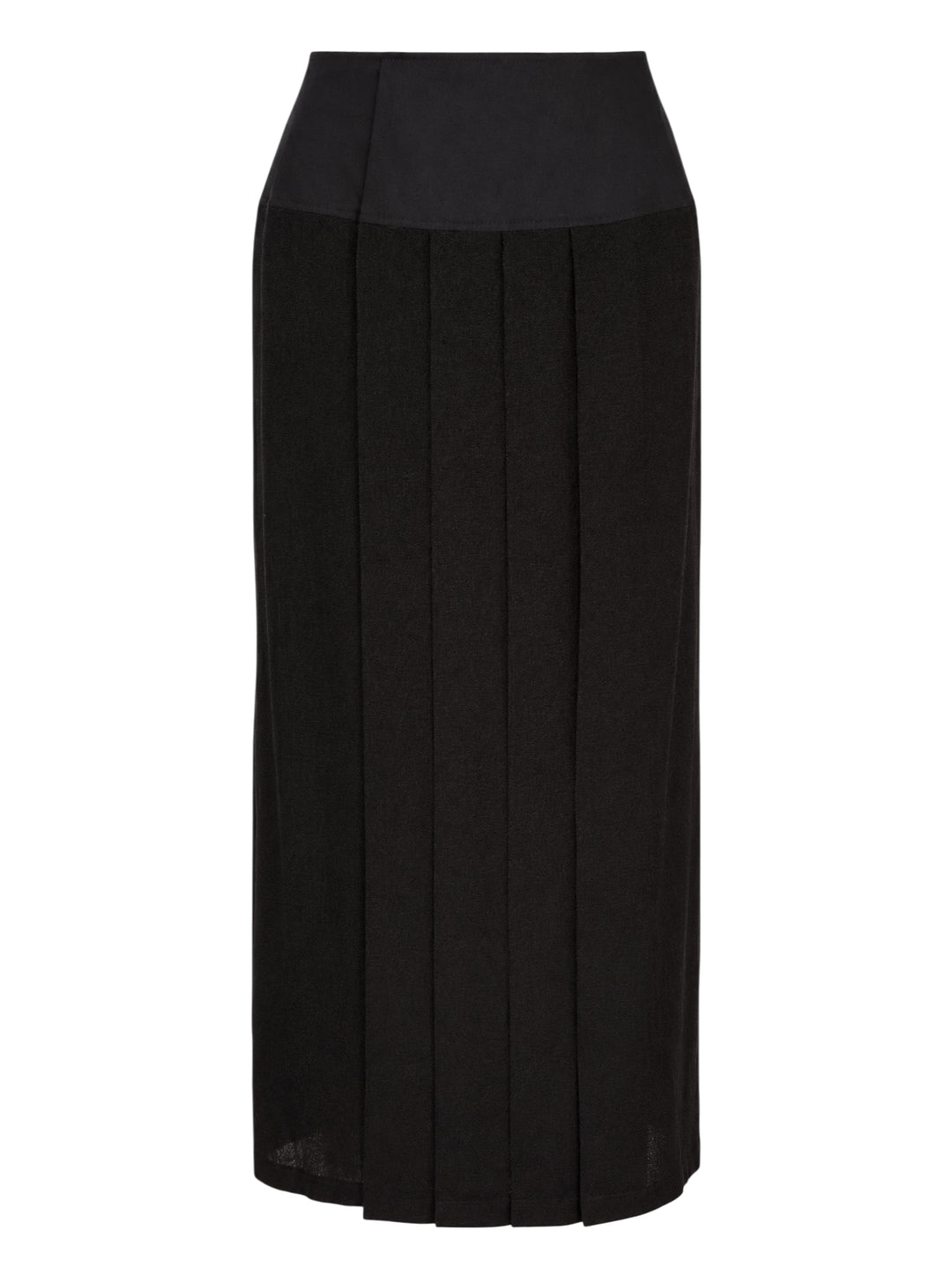 Yohji Yamamoto black pleated midi under skirt for kimono with a structured wide waistband, front view