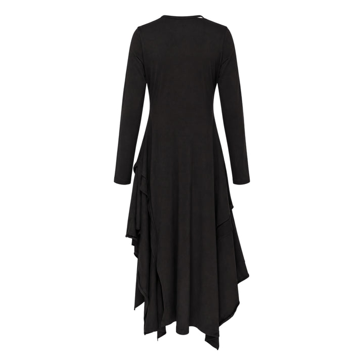 Yohji Yamamoto black long-sleeve asymmetric draped midi dress with cascading ruffle panel and handkerchief hem, front view on white background - view 2