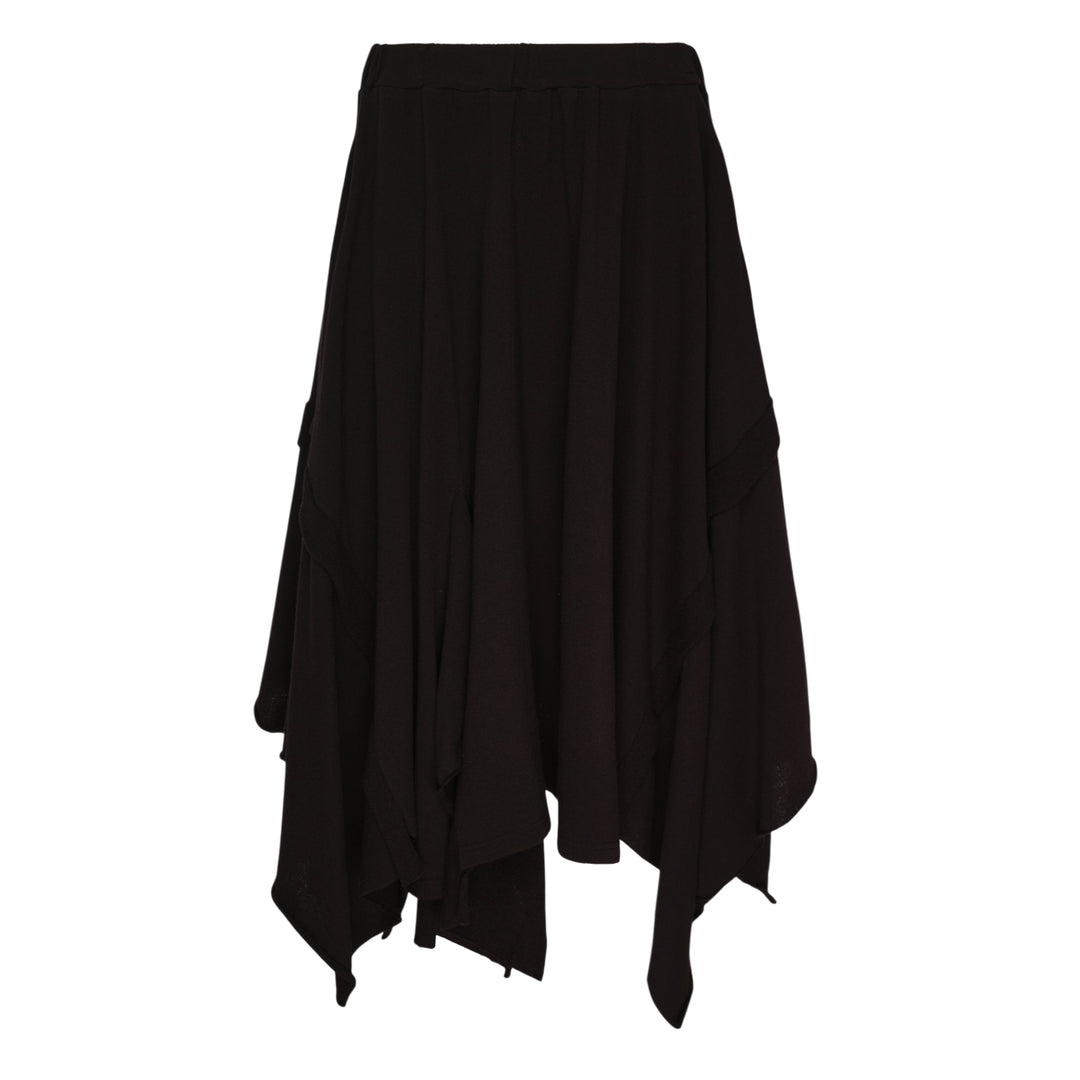 Yohji Yamamoto black draped midi skirt with asymmetric handkerchief hem and multiple pointed fabric panels, shown on white background