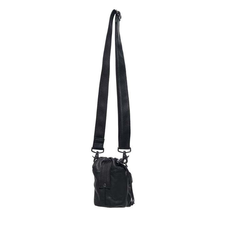 Y's 2 Way Mini Purse in black leather with long adjustable webbing crossbody strap, drawstring top closure, and exterior zip pocket, shown on white background - view 2