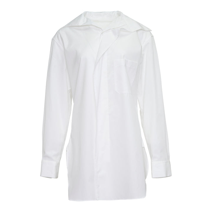 Y's U-Sailor Collar Shirt in white, featuring an oversized dramatic U-shaped sailor collar, concealed front placket, single chest patch pocket, and long sleeves with buttoned cuffs