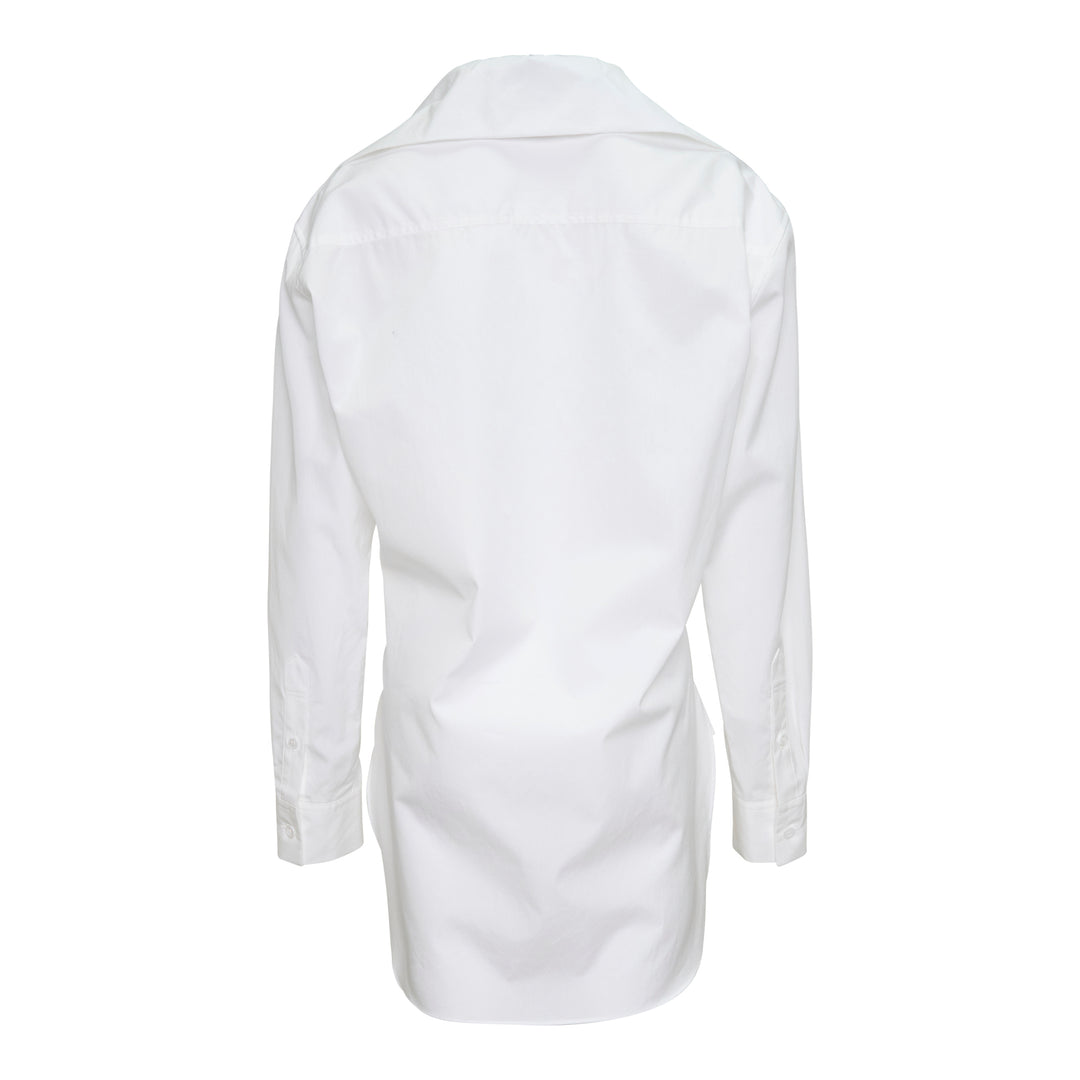 Y's U-Sailor Collar Shirt in white, featuring an oversized dramatic U-shaped sailor collar, concealed front placket, single chest patch pocket, and long sleeves with buttoned cuffs