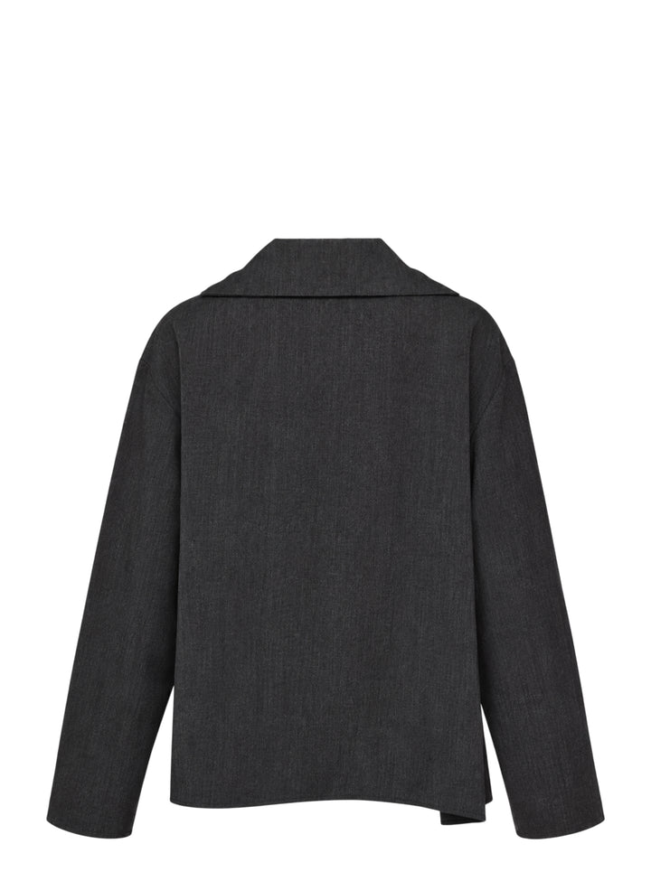 Y's charcoal grey draped asymmetric blouson with cascading ruffle front, notched collar and uneven hem - view 2