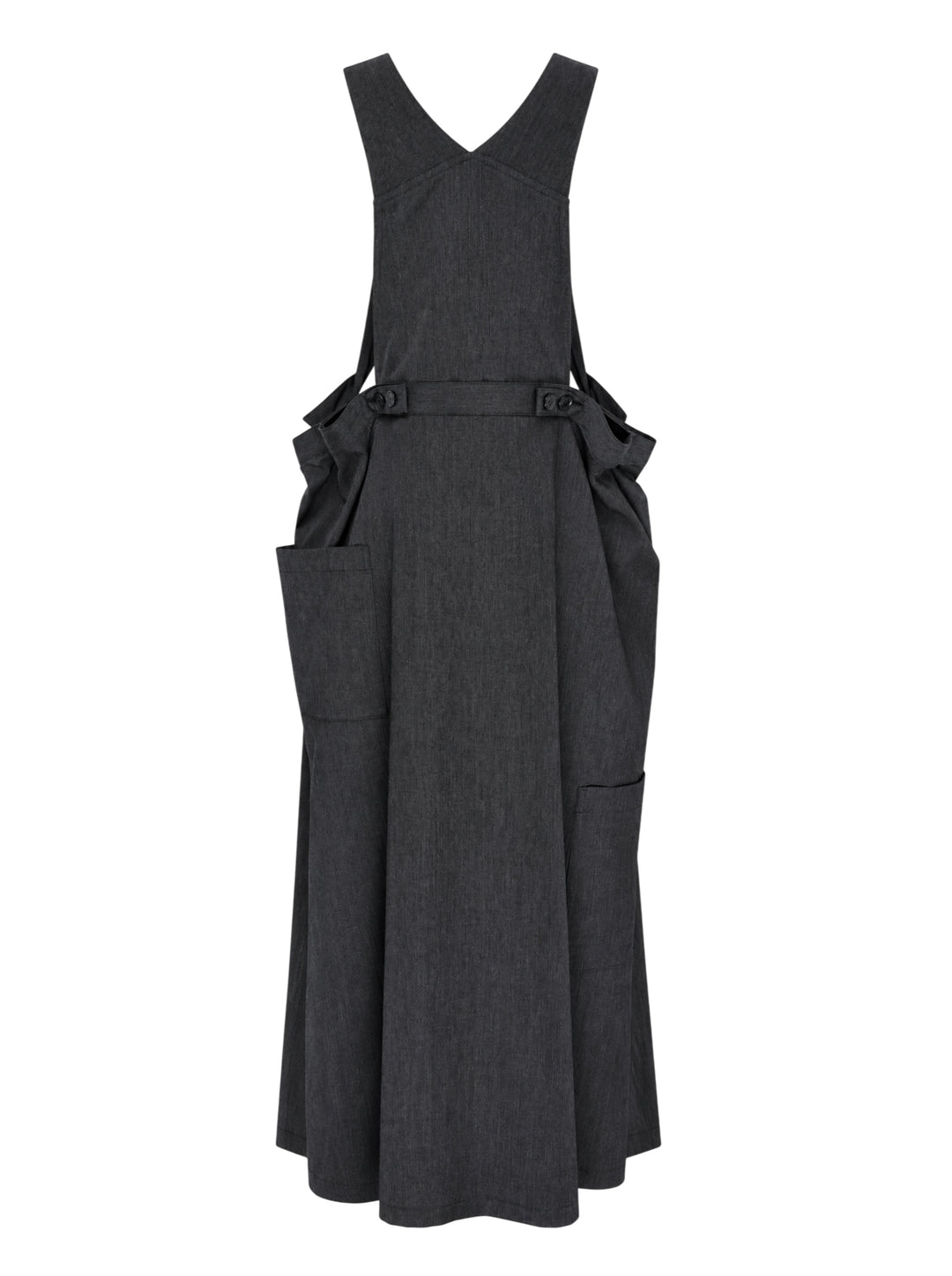 Y's charcoal grey wool salopette dress with crossover bib, buckled straps and oversized side pockets, shown from the front - view 2