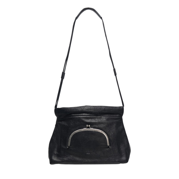Y's black crinkled leather shoulder bag with arched silver-tone kiss-lock clasp pocket and adjustable slim leather strap, shown against a white background