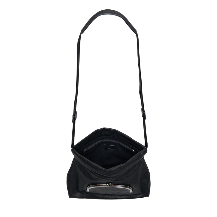 Y's black crinkled leather shoulder bag with arched silver-tone kiss-lock clasp pocket and adjustable slim leather strap, shown against a white background - view 3
