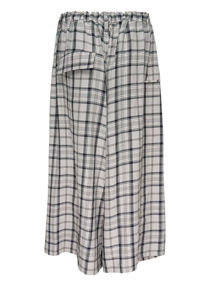 Y's gathered wide-leg pants in a grey, navy and white plaid with an elasticated waist and draped side panel - view 2