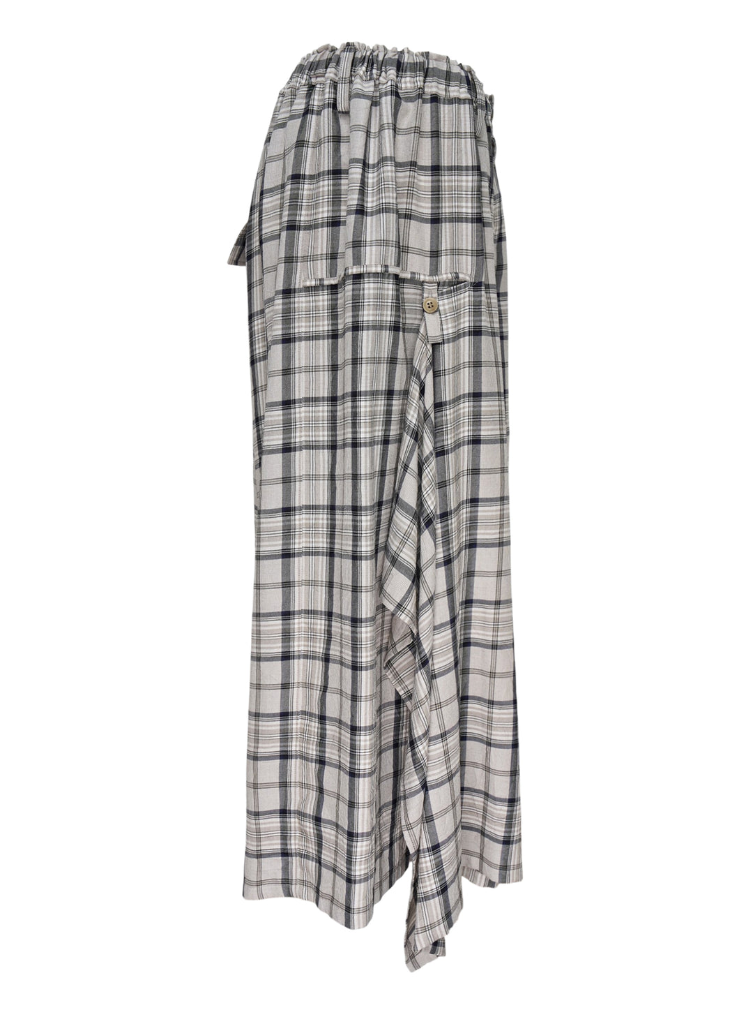 Y's gathered wide-leg pants in a grey, navy and white plaid with an elasticated waist and draped side panel - view 3