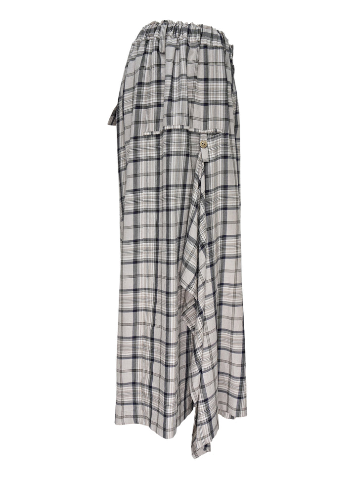 Y's gathered wide-leg pants in a grey, navy and white plaid with an elasticated waist and draped side panel - view 3