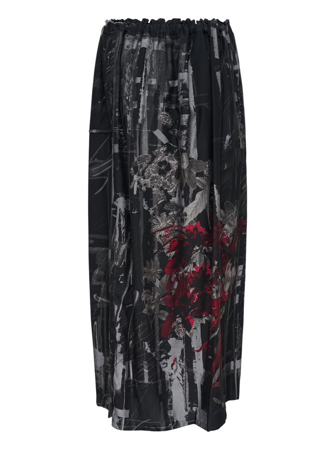 Y's gathered midi skirt with an abstract black, grey and crimson floral print, drawstring waist and asymmetric hem - view 2