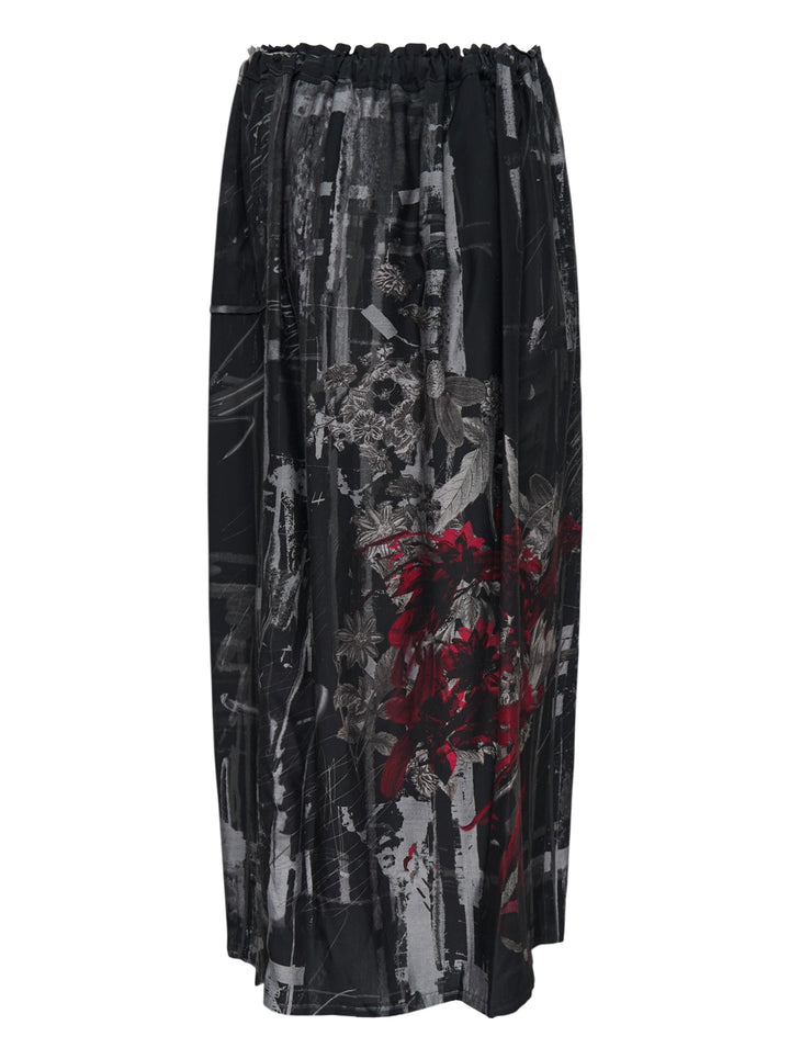 Y's gathered midi skirt with an abstract black, grey and crimson floral print, drawstring waist and asymmetric hem - view 2