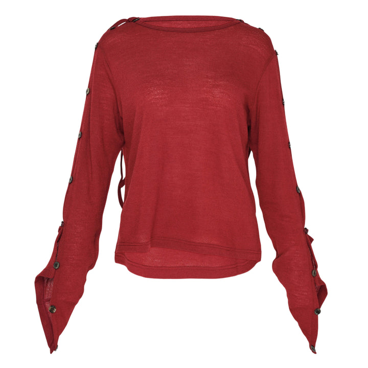 Y's red lightweight knit boat neck top with dark gunmetal buttons running along the full length of both long sleeves, shown flat on a white background